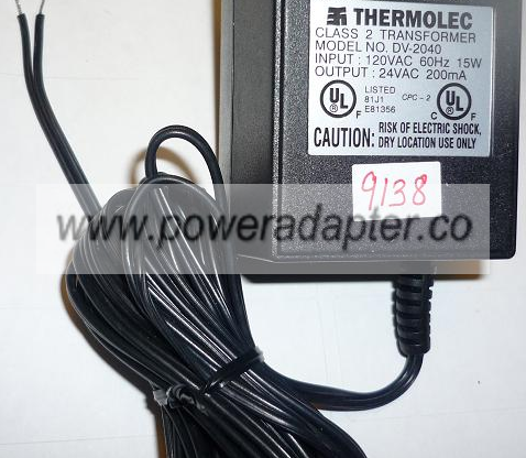 THERMOLEC DV-2040 AC ADAPTER 24VAC 200mA USED ~(~) SHIELDED WIRE